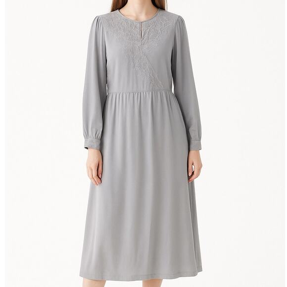 Vintage 80s Purple Silk Long Sleeve Dress Womens Large Retro Modest Cottage Midi - Picture 1 of 8